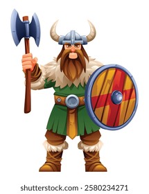 Viking character with green tunic, fur, and horns holding an axe and shield. Vector cartoon illustration