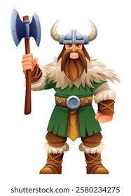 Viking character with green tunic, fur, and horns holding an axe. Vector cartoon illustration