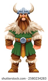 Viking character with green tunic, fur, and horns, standing proudly. Vector cartoon illustration