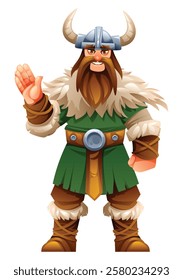 Viking character with green tunic, fur, and horns, waving hand. Vector cartoon illustration