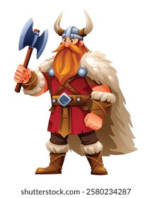 Viking character holding an axe with red tunic, fur, and horns. Vector cartoon illustration