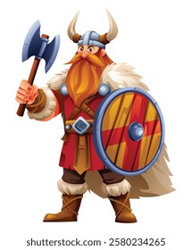 Viking character holding an axe and shield, wearing red tunic, fur, and horns. Vector cartoon illustration