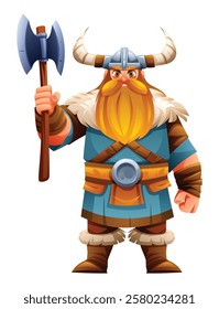 Viking character holding axe. Vector cartoon illustration