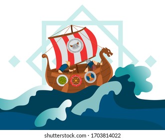 Viking character male on ship, boat, old shield, stormy sea, ocean, flat vector illustration. Journey of viking, conquering earth, exploring new land, scandinavian marine, navigator, seafarer.