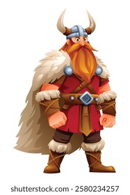 Viking character with red tunic, fur, and horns, standing proudly. Vector cartoon illustration