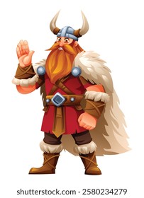 Viking character with red tunic, fur, and horns, waving hand. Vector cartoon illustration