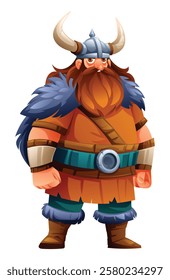 Viking character standing proudly with tunic, fur, and horns. Vector cartoon illustration