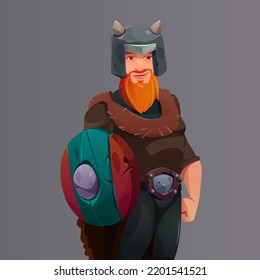 Viking Character, Strong Scandinavian Man In Helmet With Wooden Shield. Medieval Warrior With Red Beard, Nordic Barbarian In Horned Helmet Isolated On Background, Vector Cartoon Illustration