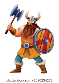 Viking character with tunic, axe, and shield in action pose. Vector cartoon illustration