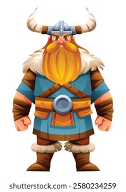 Viking character with tunic, fur, and horns, standing proudly. Vector cartoon illustration