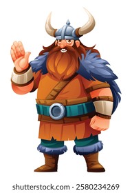 Viking character with tunic, fur, and horns, waving hand. Vector cartoon illustration