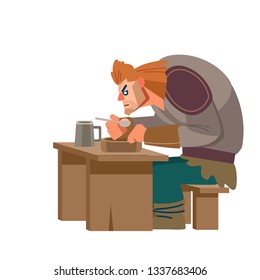 Viking character. Warrior eating and drinking and thinks about the war with the dead. Medieval norwegian warrior. Military people vector cartoon mascot. Flat style