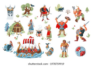 Viking characters and objects set. Medieval Norway people and mythology vector illustration. Ship with warriors, women, men with nordic swords, house, fantasy elements on white background.