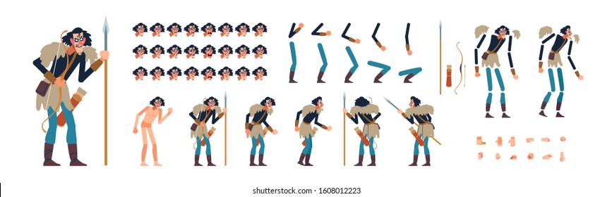 Viking characters set for animation. Front, side, back view animated Barbarian game character for creating fantasy video games. Cartoon, flat vector illustration isolated on white background.