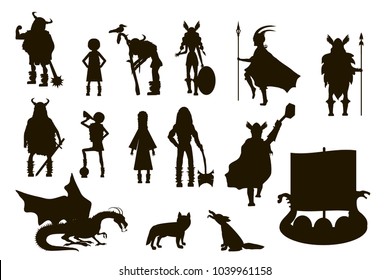 Viking  characters set. Valkyrie, berserker, warrior, old man, god Odin, god Thor, drakkar, wooden sail boat, wolves, dragon, girl, boy.Vector illustration. Black silhouette. 