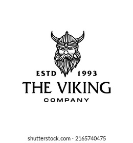 viking chief logo design vector. barbarian viking with beard figure potrait head vector logo illustration. vintage hipster engrave black line style design.