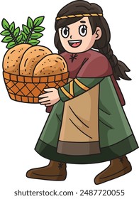 Viking Child with Basket of Bread Cartoon Clipart