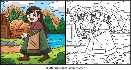 Viking Child with Basket of Bread Illustration
