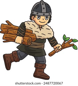 Viking Child Gathering Log Cartoon Colored Clipart