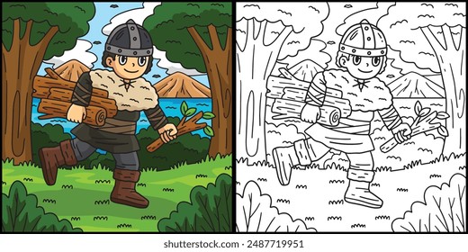 Viking Child Gathering Log Coloring Illustration