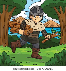 Viking Child Gathering Logs Colored Cartoon 
