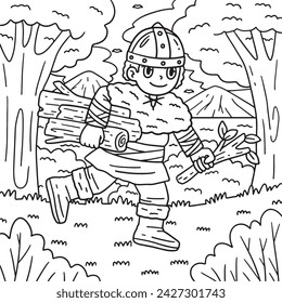 Viking Child Gathering Logs Coloring Page for Kids