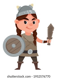 Viking Child Holding Toy Sword And Shield. Smiling Girl In Cartoon Style.