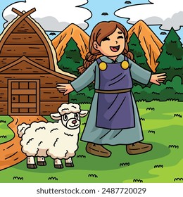 Viking Child with Sheep Colored Cartoon 