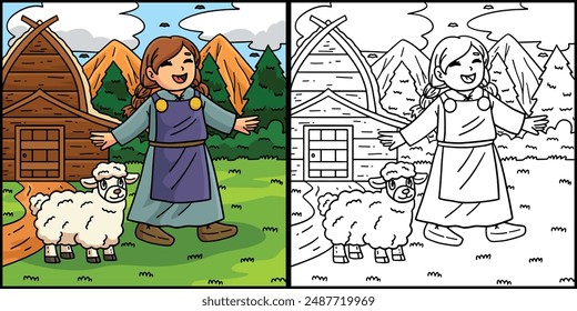 Niño vikingo con ovejas para colorear ilustración de página