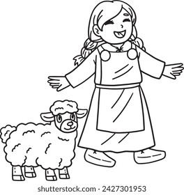 Viking Child with Sheep Isolated Coloring Page