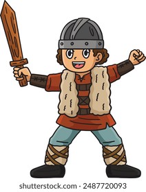 Viking Child with a Wooden Sword Cartoon Clipart