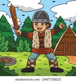Viking Child with a Wooden Sword Colored Cartoon