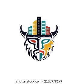Viking City Logo. Viking logo concept with street and building in modern style. Suitable for all business. Logo is easy to remember and easy to apply in various media