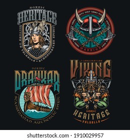 Viking colorful vintage labels set with beautiful valkyrie drakkar ship horned helmet strong medieval nordic warrior holding battle axes isolated vector illustration