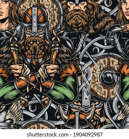 Viking colorful vintage seamless pattern with strong bearded nordic warriors beautiful valkyrie in armor and winged helmet shield battle axes celtic medieval traditional symbols vector illustration