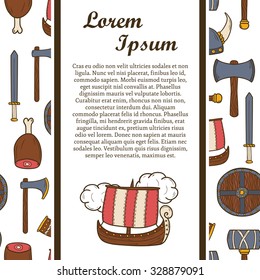 Viking concept with seamless background and cartoon hand drawn objects