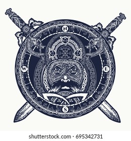 Viking and crossed swords tattoo, ring with scandinavian ornament. Compass, dragons, ethnic style 