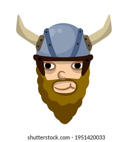 Viking. Cute face of a warrior. Funny children Scandinavian character. Soldier in horned helmet. Medieval bearded man. Flat cartoon illustration