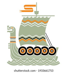 Viking design. Drakkar sailing in a stormy sea. Drawing in the Old Norse style, isolated on white, vector illustration