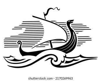 Viking design. Drakkar sailing in a stormy sea. Drawing in the Old Norse style, isolated on white, vector illustration