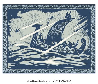 Viking design. Drakkar sailing in a stormy sea. In the frame of the Scandinavian pattern, isolated on white, vector illustration