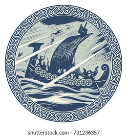 Viking design. Drakkar sailing in a stormy sea. In the frame of the Scandinavian pattern, isolated on white, vector illustration svg