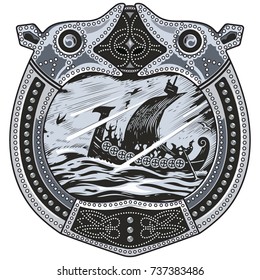 Viking design. Drakkar sailing in a stormy sea. In the frame of the Scandinavian pattern, isolated on white, vector illustration svg