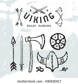 Viking design elements in hand-drawn style. Black print on light texture background