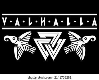 Viking design. Flying black Ravens and Scandinavian pattern, isolated on black, vector illustration