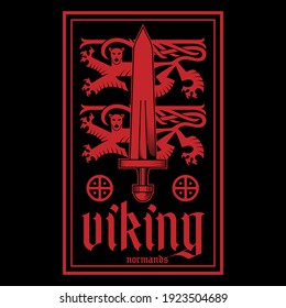 Viking design. Heraldic lions with viking sword, solar signs and Viking lettering in gothic font, vector illustration