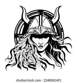 Viking Design. Image of Valkyrie, a woman warrior from Scandinavian mythology, isolated on white, vector illustration.