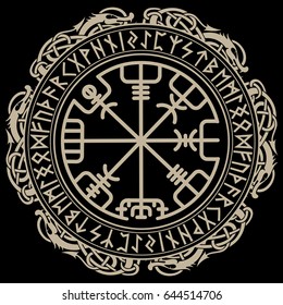 Viking design. Magical runic compass Vegvisir, in the circle of Norse runes and dragons, vector illustration