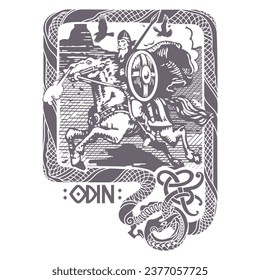 Diseño atractivo. El viejo Norse God Odin sobre un caballo de guerra con lanza y escudo. Ornamento celta-escandinavo con serpiente, aislado en blanco, ilustración vectorial