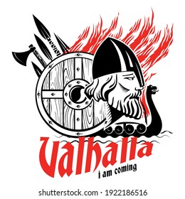 Viking design. Old Norse warrior. Viking with shield, sword and Drakkar, isolated on white, vector illustration